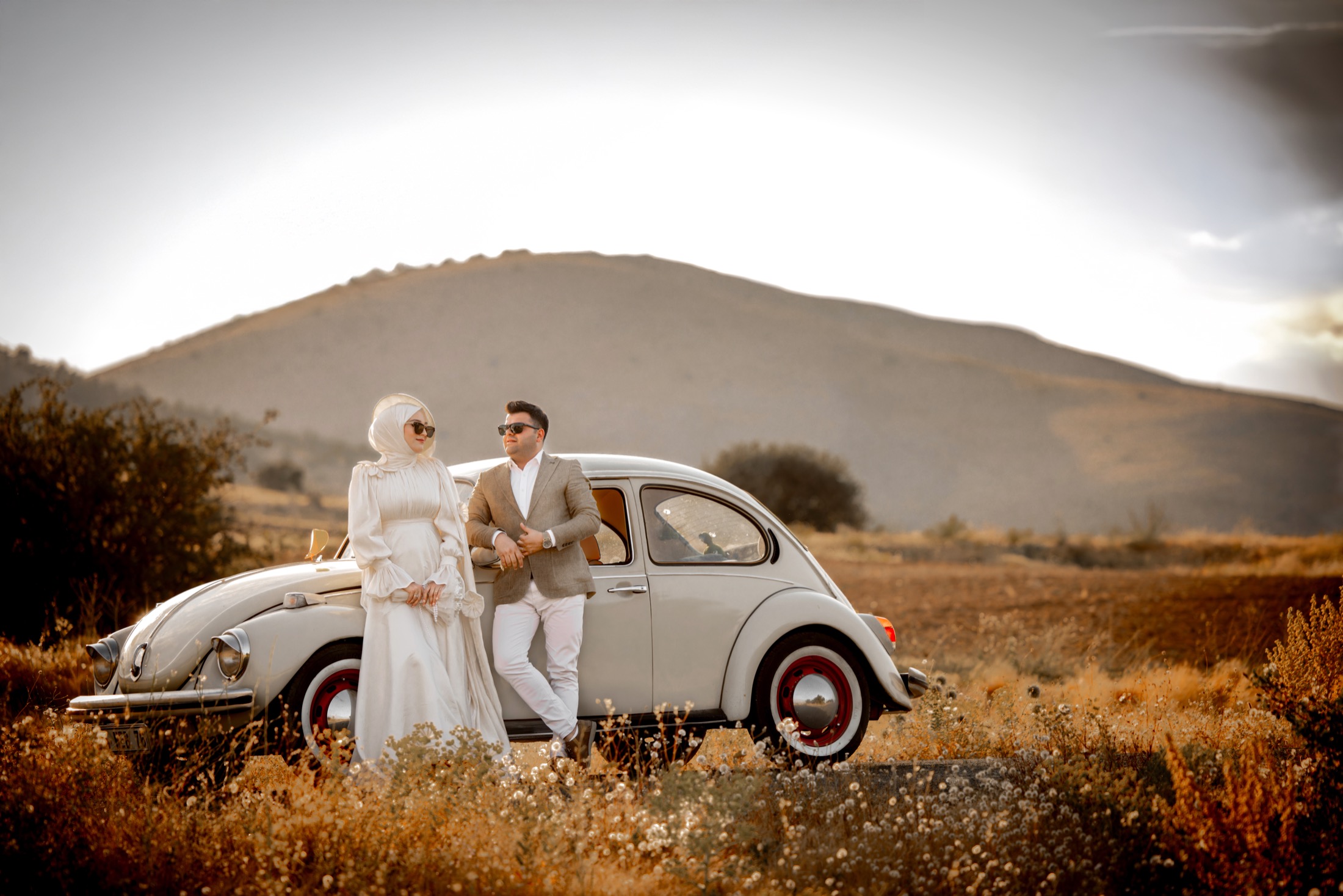 Dag manzarasinda klasik vosvos yaninda duran cift